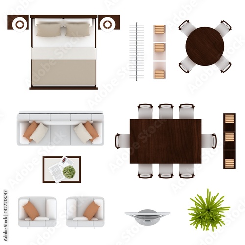 Floor plan furniture set top view 3D illustration.
