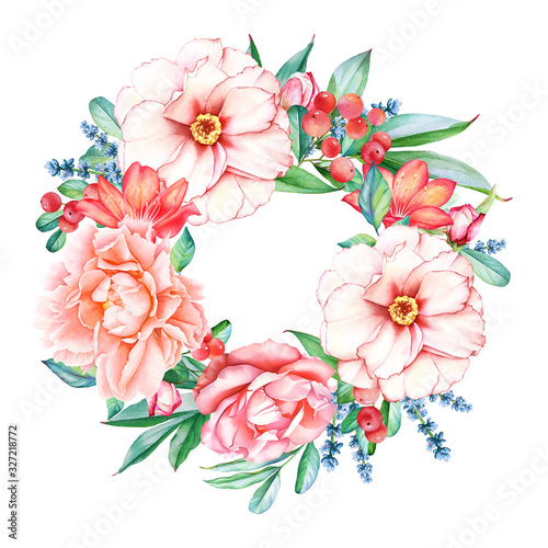 Beautiful floral frame with watercolor flowers and berries © Lyubov Tolstova