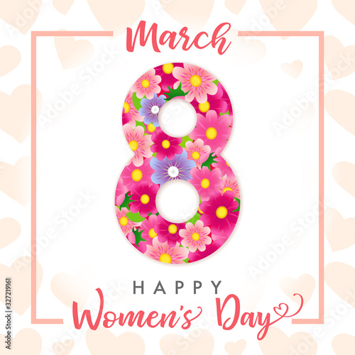 March 8, Happy Womens Day elegant congrats. Lovely pink background, cut white number, calligraphic text. Isolated abstract graphic design template. Decorative bright 3D symbol and basket of flowers.