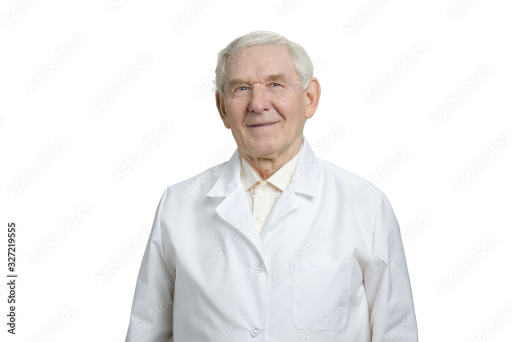 Old caucasian physician portrait. Senior man in white coat against white isolated background. Old caucasian physician portrait. Senior man in white coat against white isolated background.