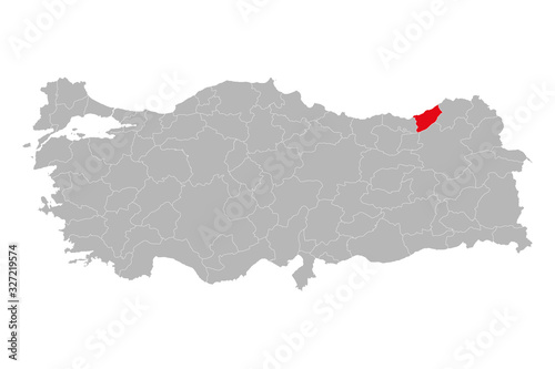 Rize province marked red color on turkey map vector. Gray background. photo