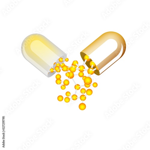 Golden opened capsule pill with falling golden drug isolated on white background.