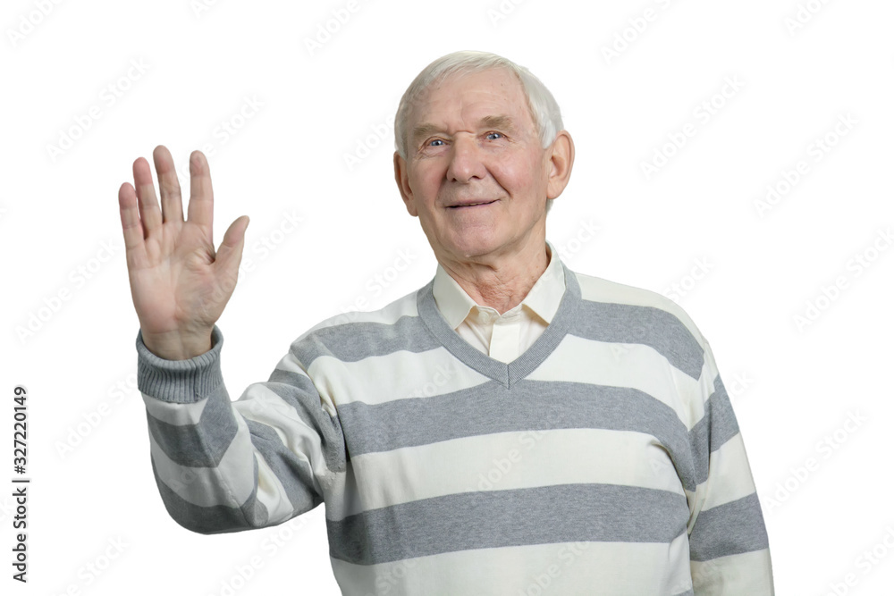 Smiling cheerful old man welcoming you. Grandfather saying hello in white background. Smiling cheerful old man welcoming you. Grandfather saying hello in white background.