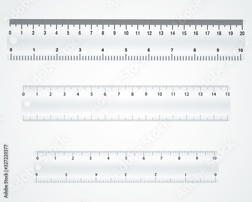 Measuring rulers scale vector illustration isolated on white background. Realistic design of colorful tool supplies. Measuring scale in centimeters, millimeters and inch