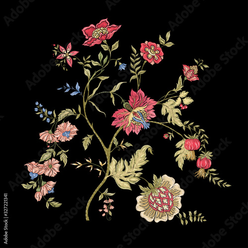 Fantasy flowers in retro, vintage, jacobean embroidery style. Embroidery imitation isolated on black background. Vector illustration.