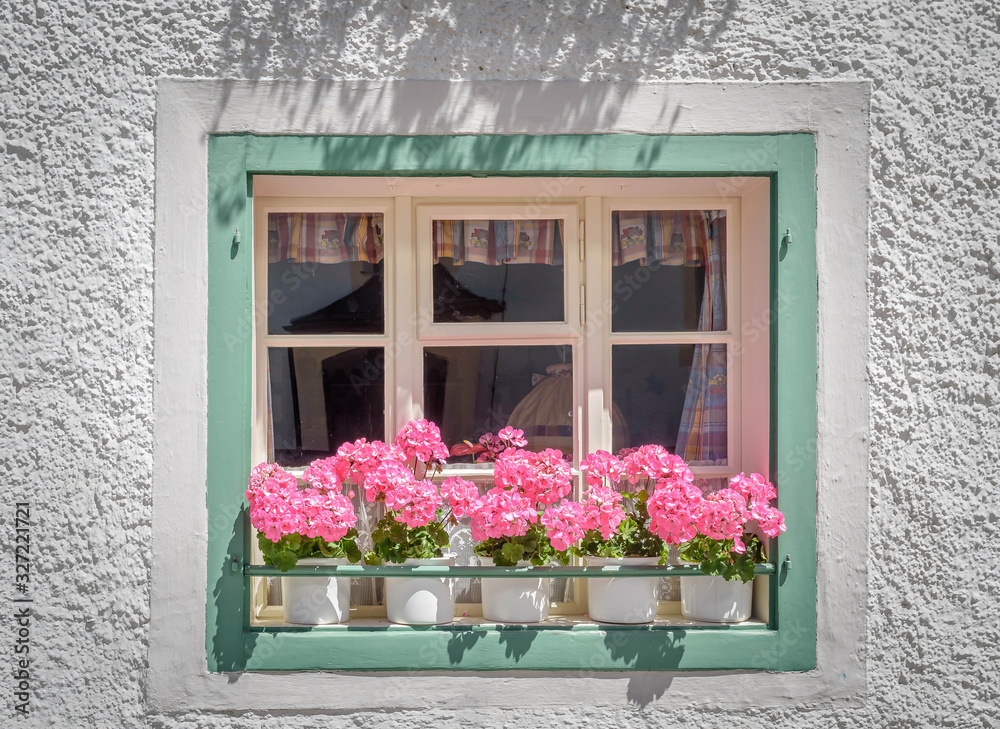 A glass window with pink flowers and  a green frame