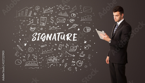 Businessman thinking with SIGNATURE inscription, business education concept