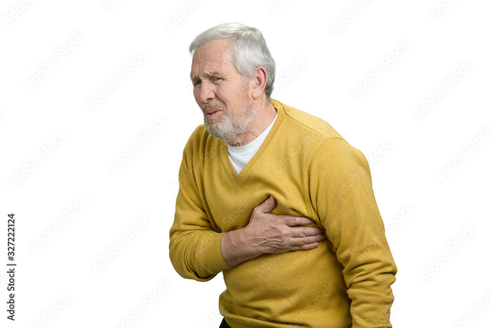 Old grandpa with heart stroke. Touching chest. suffering from heart pain. White isolated backgorund for keying. Old grandpa with heart stroke. Touching chest. suffering from heart pain. White isolated backgorund for keying.