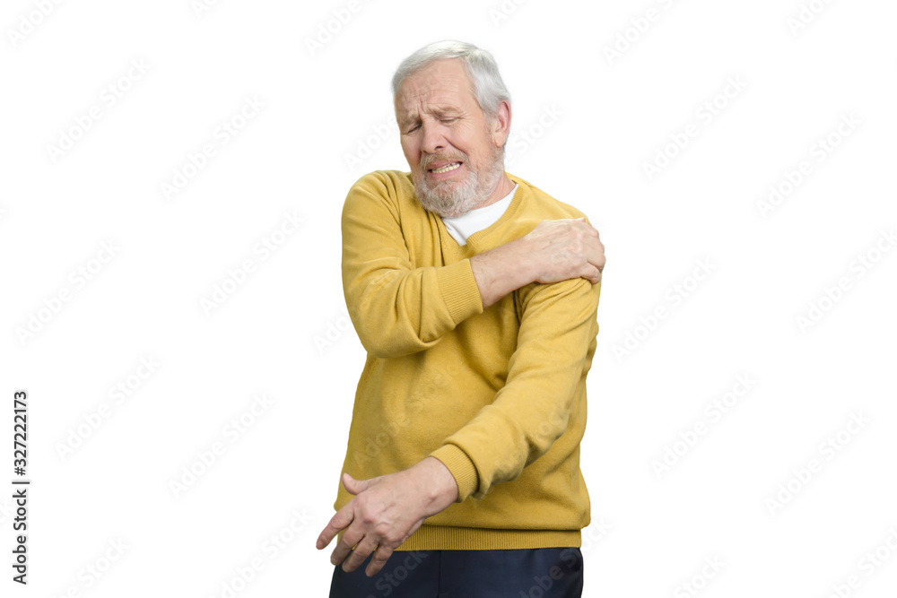 Old man with shoulder pain. Senior man with shoulder cramp. White isolated background. Old man with shoulder pain. Senior man with shoulder cramp. White isolated background.