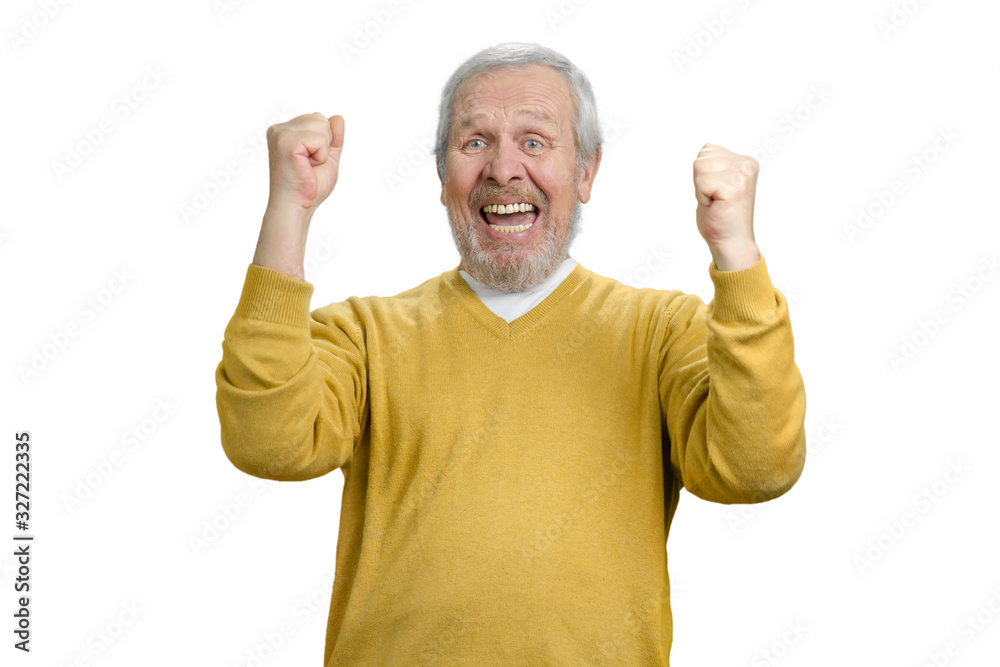 Portrait of extremely happy grandpa rejoicing success. White isolated background for keying. Portrait of extremely happy grandpa rejoicing success. White isolated background for keying.