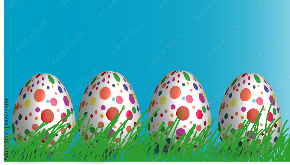 Fototapeta premium Easter eggs. Happy easter card. Multi-colored Easter eggs on the grass on a blue background. Easter eggs on a light background. Easter card. Easter greetings. Happy easter. Banner. Copy space