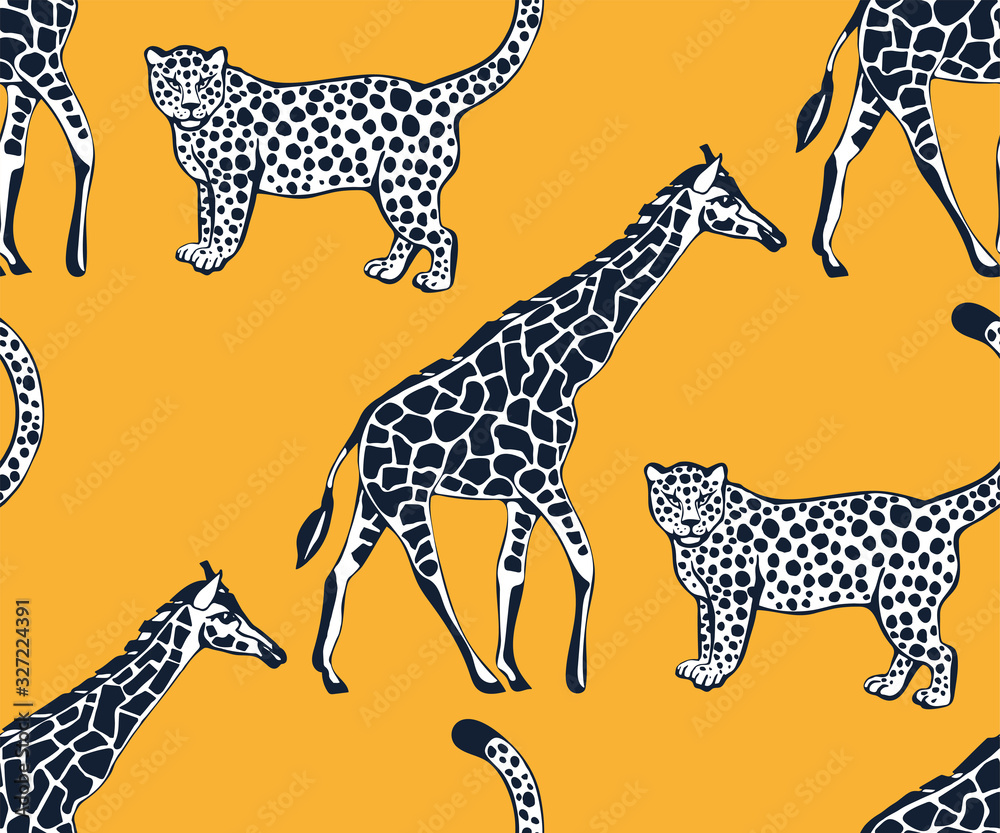 Obraz premium Vector background hand drawn exotic wild animals. Hand drawn ink illustration. Modern ornamental decorative background. Vector pattern. Print for textile, cloth, wallpaper, scrapbooking