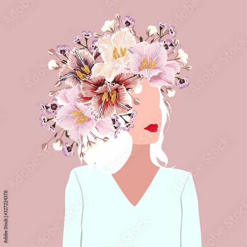 Spring. Cute illustration of a woman with flowers wreath, young people  for a poster, card, flyer or banner or t-shirt print. Cartoon style, flat illustration.