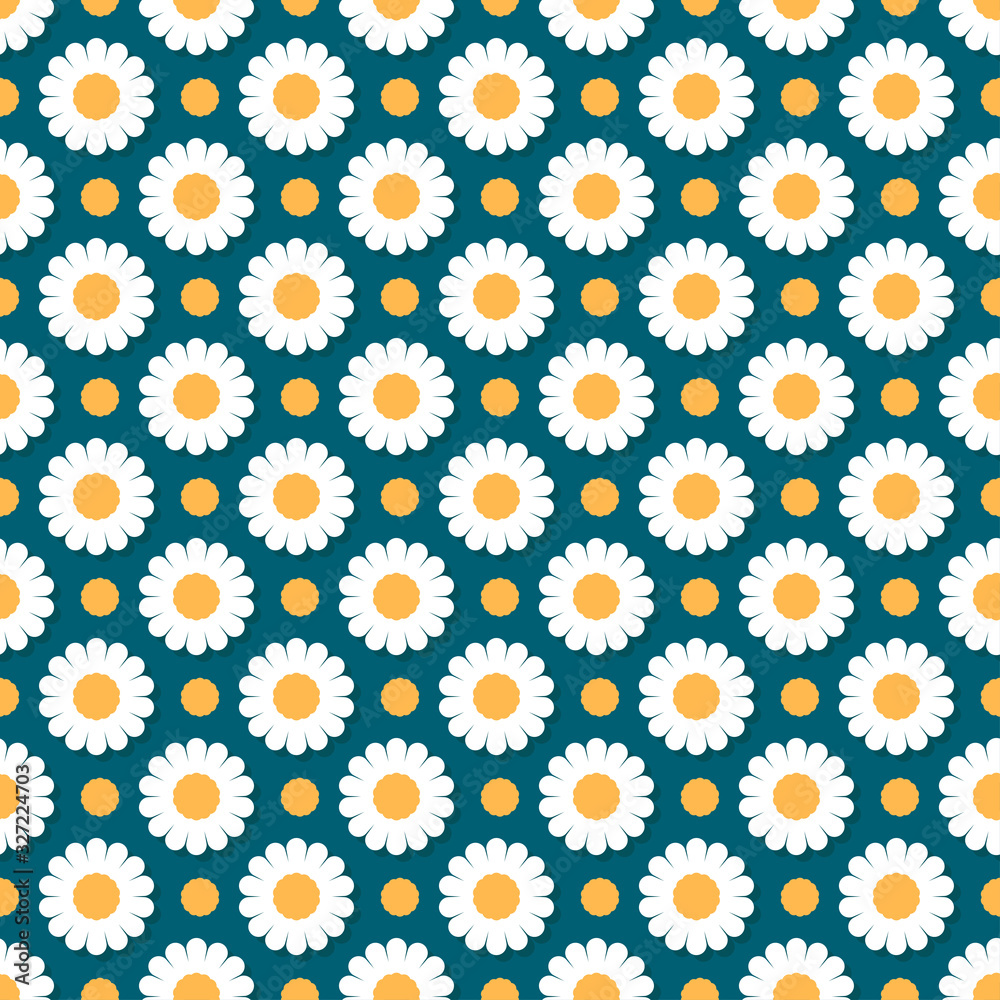 Beautiful bright small daisy flowers and dots isolated on a green background. Seamless pattern. Vector graphic drawing. Texture.