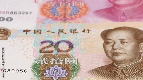 Wallpaper Mural China yuan notes close up tracking. Yuan money background. Dolly shot, low angle. 4K, 422 10 bit Torontodigital.ca