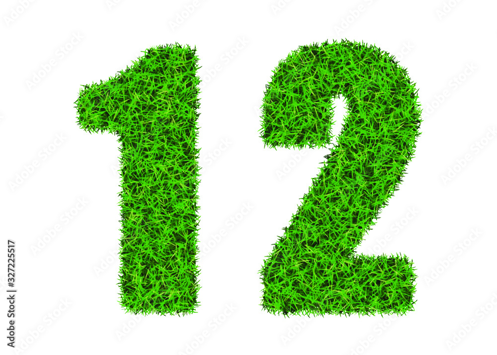 Green grass font. The number 1 and 2. Lawn texture number on white background. Green grass font. The number 1 and 2. Lawn texture number on white background.