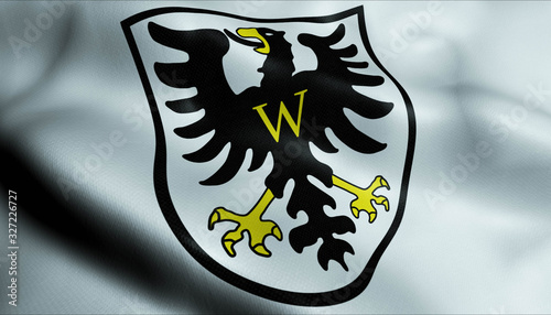 3D Waving Germany City Coat of Arms Flag of Bad Windsheim Closeup View photo