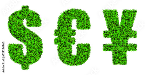 Green grass font. Symbols of the world s leading currencies. The dollar  the euro and the yen.