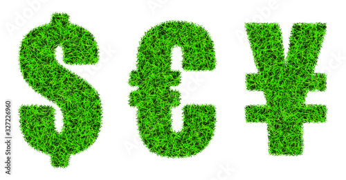 Green grass font. Symbols of the world's leading currencies. The dollar, the euro and the yen.
