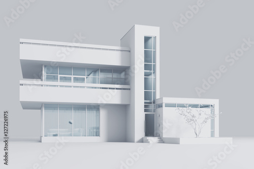 Modern house with a balcony and a high staircase, project in gray materials with daylight. 3D stock illustration.
