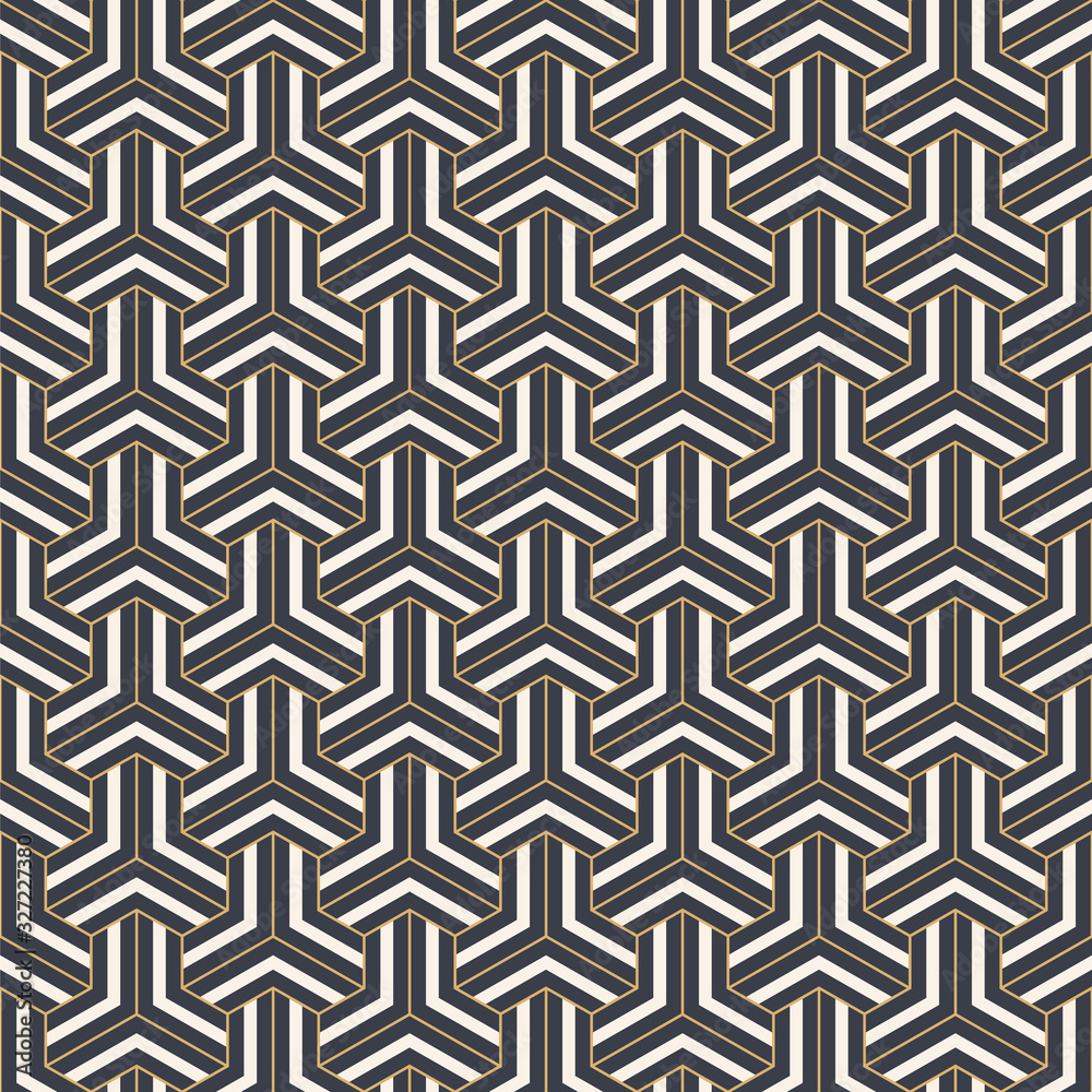 Abstract seamless pattern. Modern stylish texture. Striped linear geometric tiles with triple weaving elements and filled shapes. Vector color background.