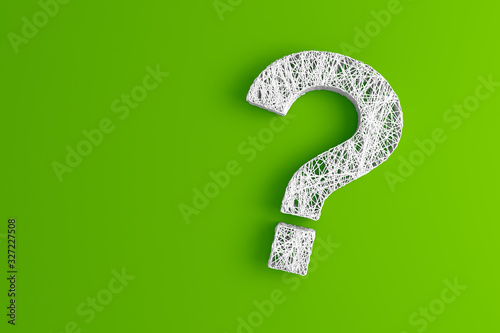 A set of thin thread intertwined in the shape of a question mark on a green background. 3D illustration.