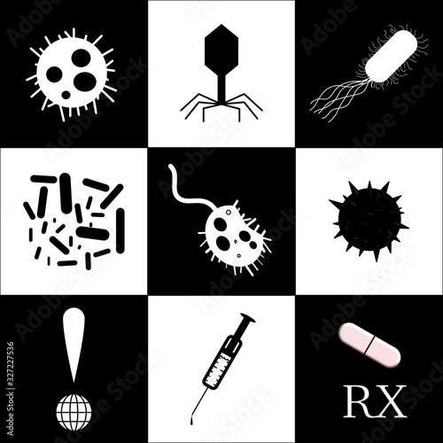 Pandemic micro organisms vector icon set. Microbes, global outbreak, vaccination, and pharmaceuticals