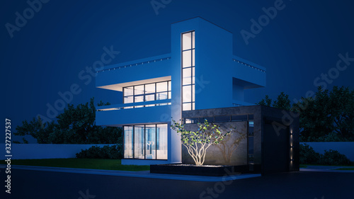 Modern house with white plaster with a balcony and a high staircase, in cold night light with warm light from the Windows against the background of trees and a white fence 3D stock illustration.