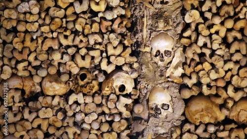 Chapel of Bones, skeletons, skulls, church, close up, tilt up, Evora, Portugal photo