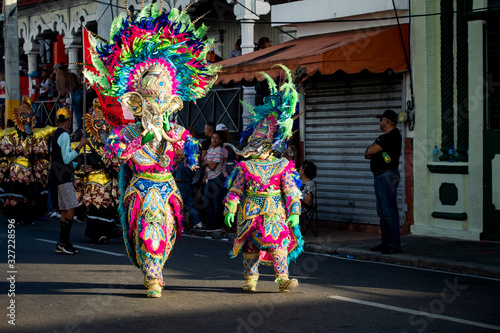 family in colorful carnival elephant costumes walk by city street at dominican parade