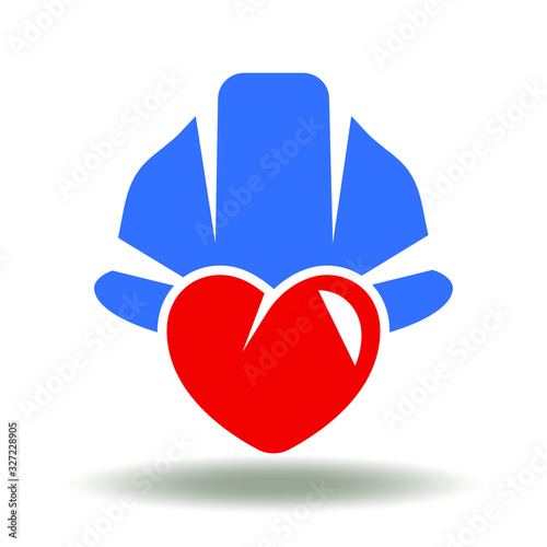 Hard hat heart icon vector. Safety health work industry logo. Protective equipment construction helmet sign. Protect headgear illustration.