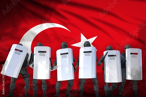 Wallpaper Mural Turkey protest fighting concept, police squad protecting state against riot - military 3D Illustration on flag background Torontodigital.ca