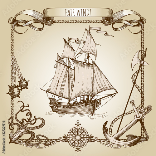 Adventure stories. Pirate background. Vintage border frame. Old caravel, vintage sailboat, sea monster.
