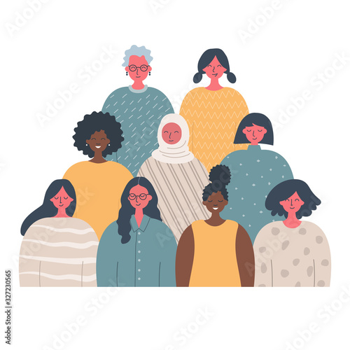 Women's community. Female solidarity. International Women's Day concept. There are women of different races, different ages in the picture. People icons. Vector illustration.