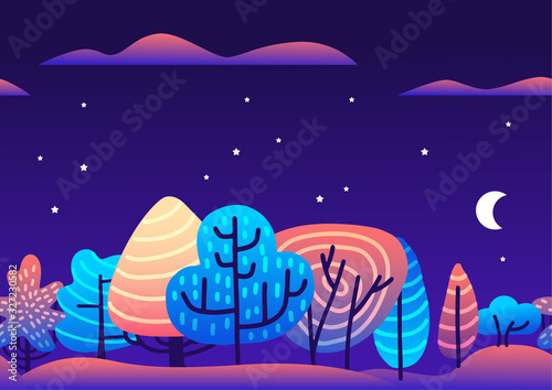 Trendy flat vector illustration with violet and pink vibrant bright gradient trees forest at night. Floral and botanical modern background for posters, banners, invitation, cards