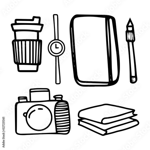 Set of creative artist freelance photographer in doodle style Vector outline illustration. Coffee, clock, notebook, pen, pencil, camera,books.