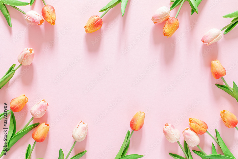 Fototapeta Spring floral background, greeting card, top view