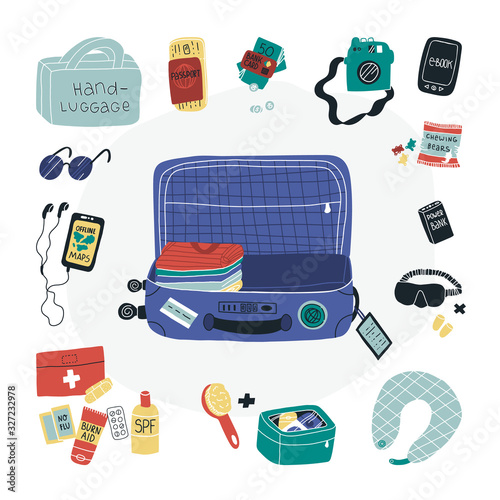 Travel packing fun vector set - suitcase, clothes and some travel things like first aid kit, power bank, chewing bears, electronic book, camera, sleep mask and ear muffs, sunglasses and others.