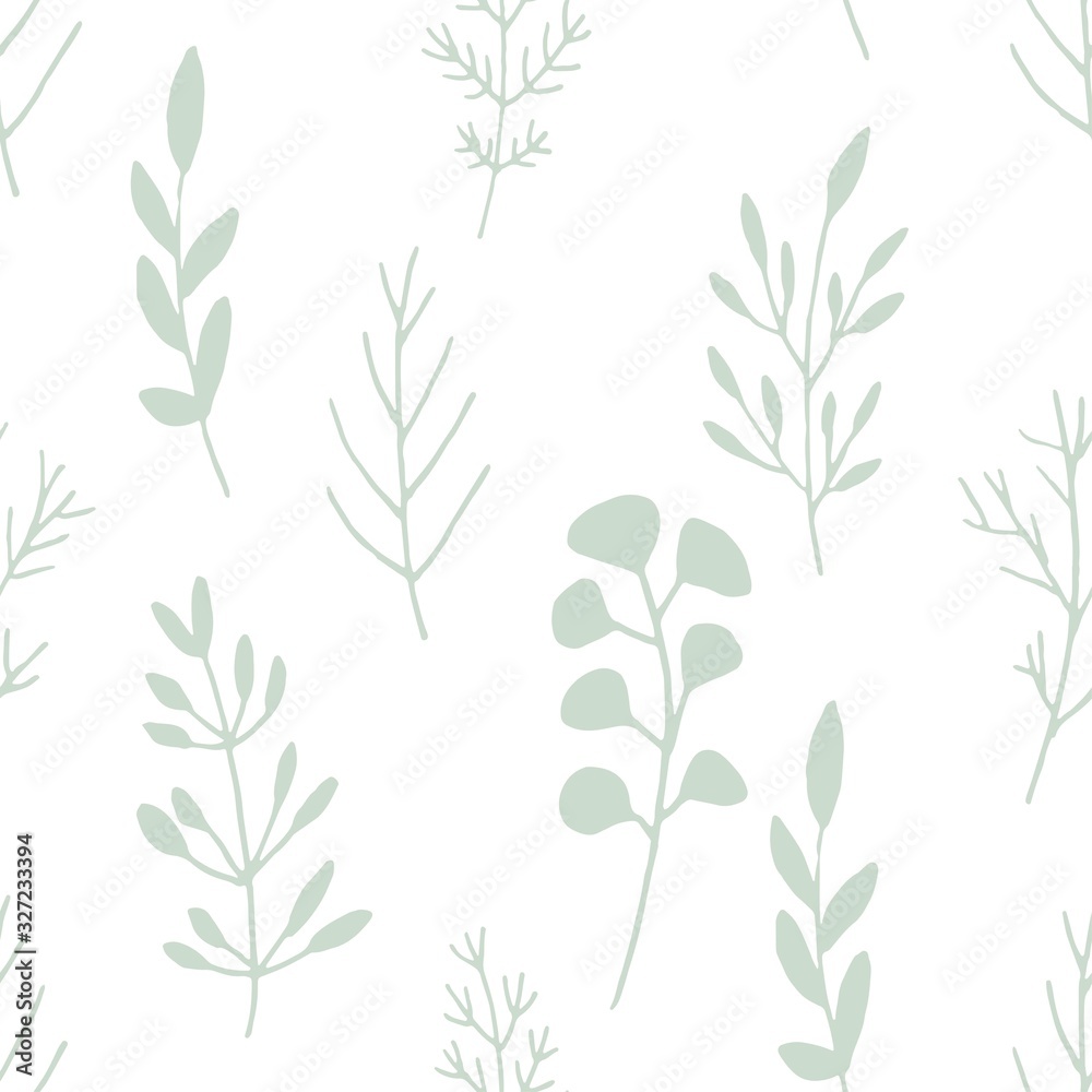 Pastel green muted branches with leaves on a white background, seamless vector pattern.