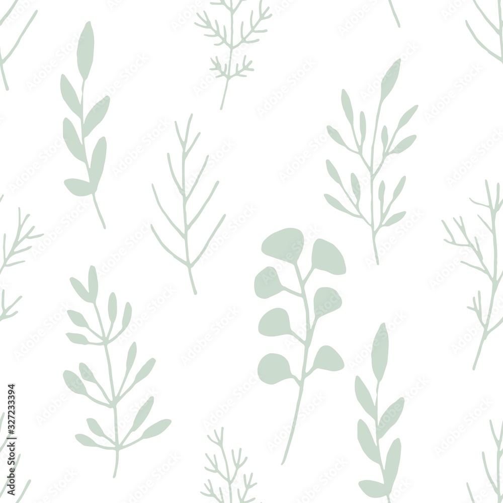Pastel green muted branches with leaves on a white background, seamless vector pattern. Pastel green muted branches with leaves on a white background, seamless vector pattern.