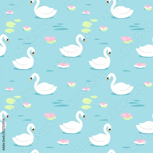 White swans on the water next to pink Lotus flowers, seamless vector illustration.