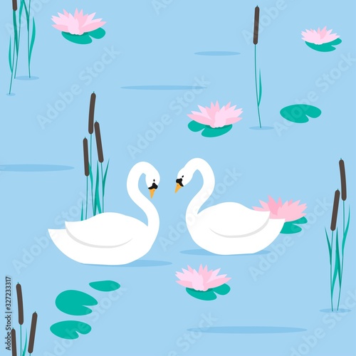 Couple white swans on pond next to pink water lily flowers and cattail plants, seamless vector illustration.
