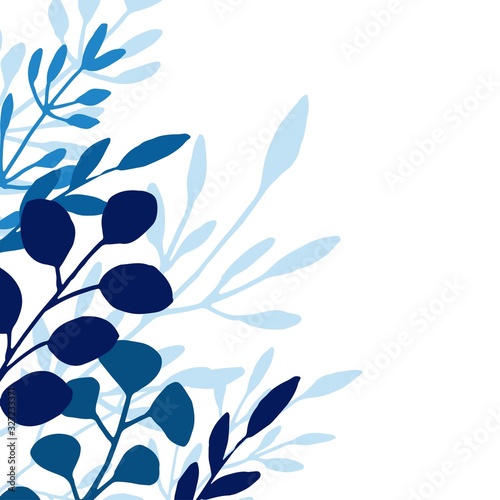 Floral frame of hand-drawn leaves and branches in blue shades on a white background with copy space.
