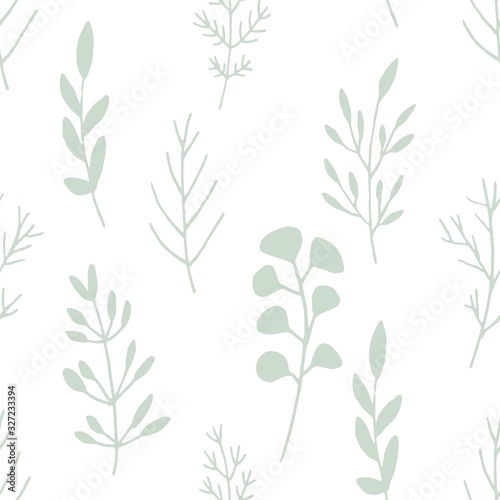 Pastel green muted branches with leaves on a white background, seamless vector pattern.
