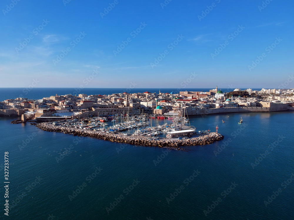 Areal view of the port in the old city of Acko, Acre, Acco in Israel 