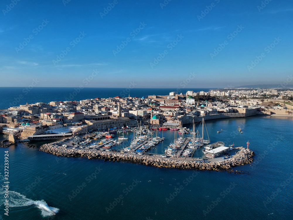 Areal view of the port in the old city of Acko, Acre, Acco in Israel 