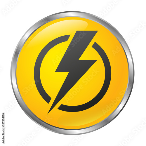 Big yellow power off button on a white background. Isolated object. 3D style. Vector illustration