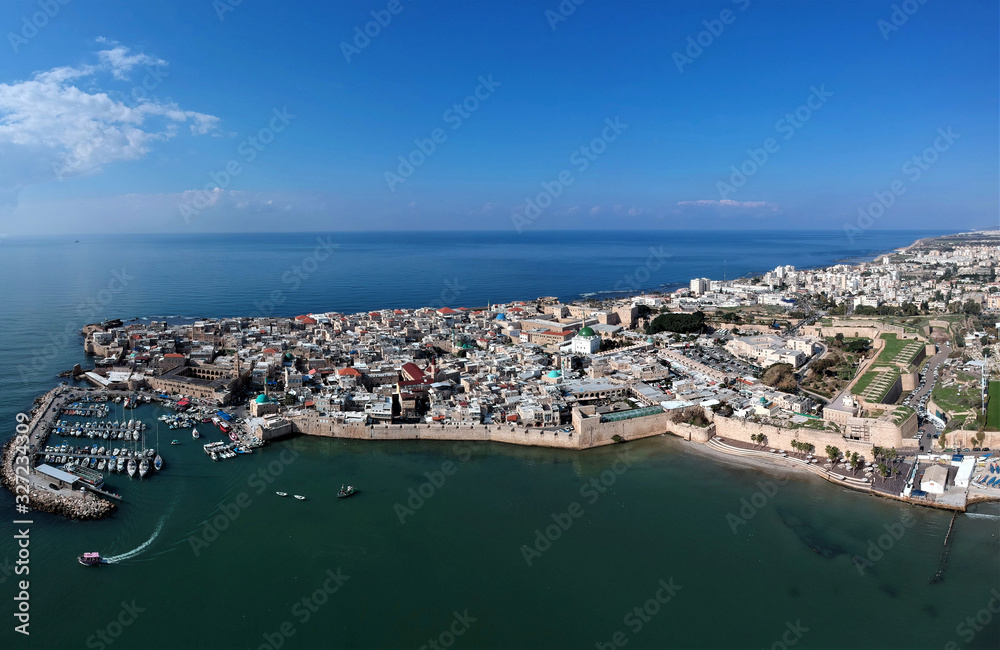 Areal view of the old city of Acre(Acco) the harbor, mosque and church of the medieval city 