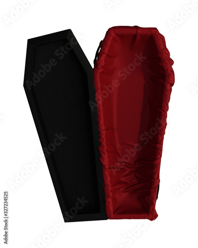 A 3D hyperealistic rendered black coffin with a red interior cover  isolated on white background.  