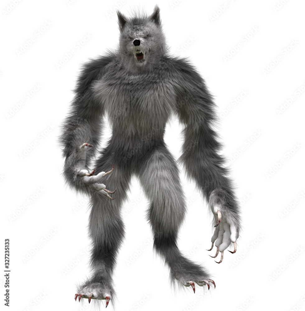 A 3D rendered gray werewolf isolated on a white background. A 3D rendered gray werewolf isolated on a white background.